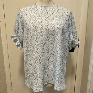 Dokotoo White and Blue Floral Spring Ruffled Blouse with Bubble Sleeves/M